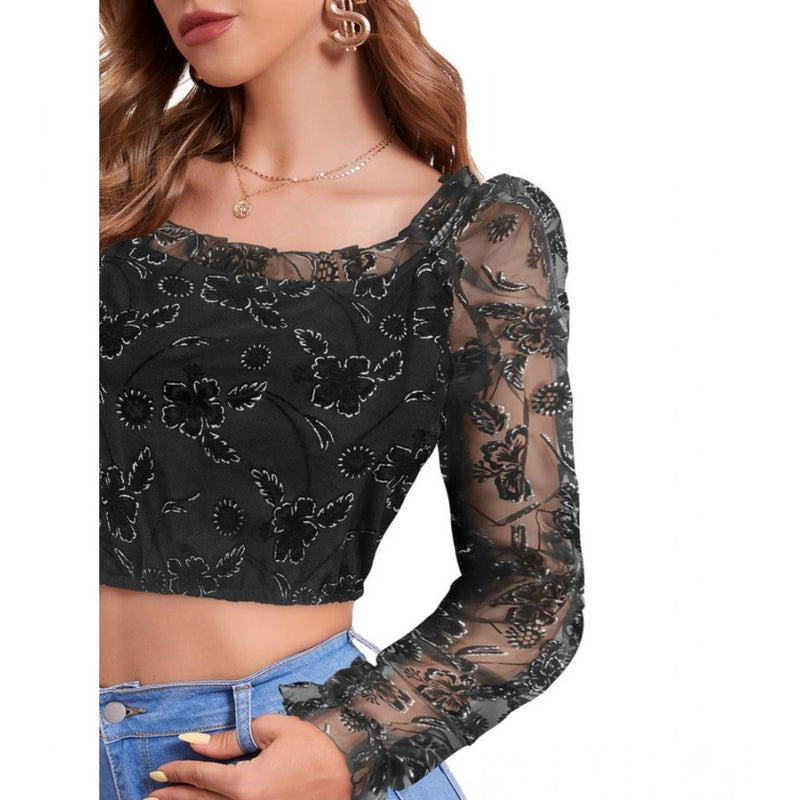 Mayawye Women's Polyester Solid Full Sleeves Square Collar Top (Black)