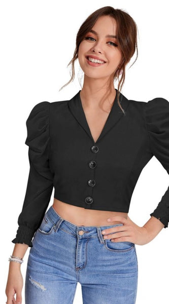 Mayawye Women's Polyester Solid Puff Sleeves Lapel Collar Top (Black)