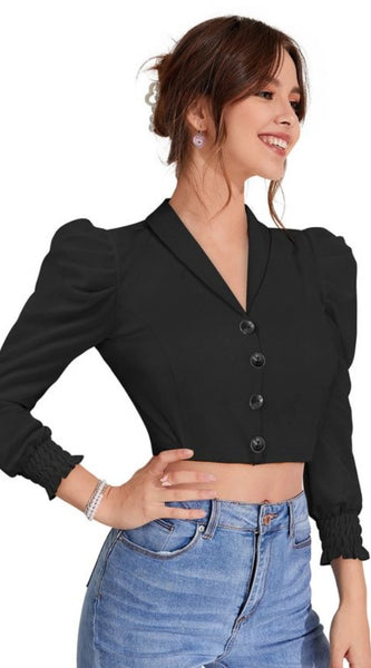 Mayawye Women's Polyester Solid Puff Sleeves Lapel Collar Top (Black)