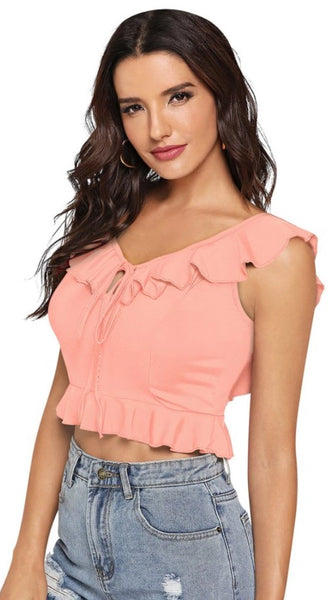 Mayawye Women's Polyester Solid Sleeveless Ruffle Neck Top (Peach)