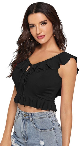 Mayawye Women's Polyester Solid Sleeveless Ruffle Neck Top (Black)