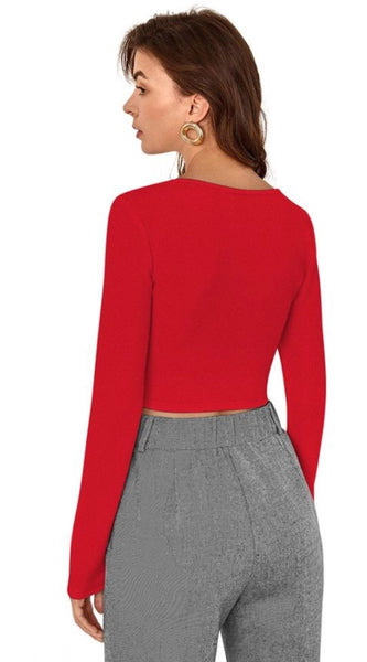 Mayawye Women's Polyester Solid Full Sleeves Square Neck Top (Red)