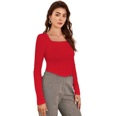 Mayawye Women's Polyester Solid Full Sleeves Square Neck Top (Red)