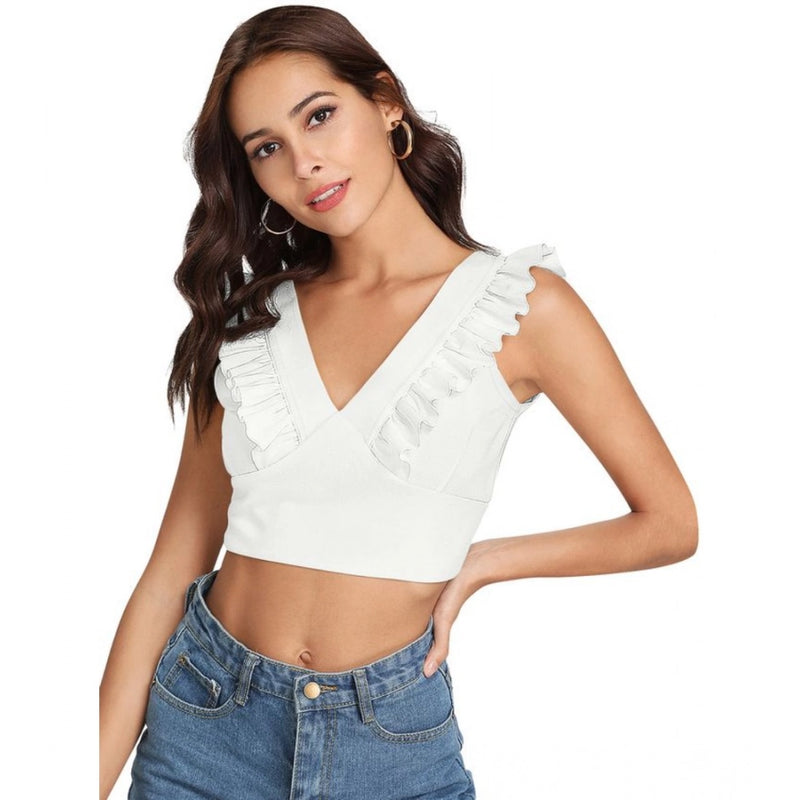 Mayawye Women's Polyester Solid Sleeveless Shoulder Straps Top (White)