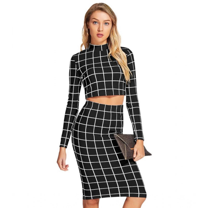 Mayawye Women's Polyester Checkered Full Sleeves Stand Collar Crop Top Skirt Set (Black)
