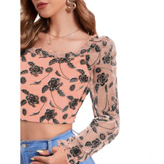 Mayawye Women's Polyester Solid Full Sleeves Square Collar Top (Peach)