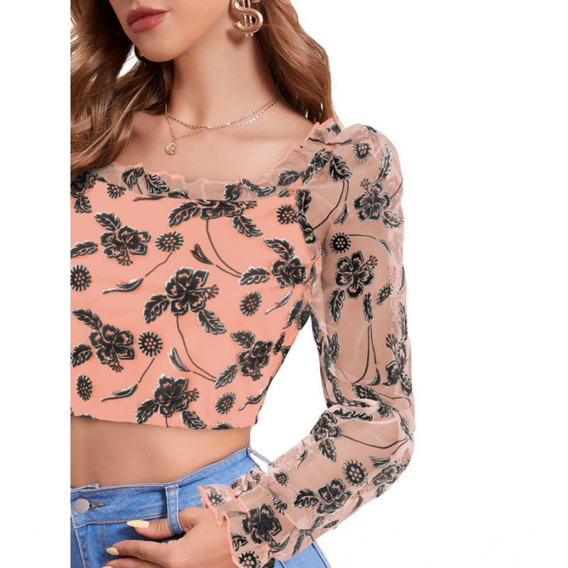 Mayawye Women's Polyester Solid Full Sleeves Square Collar Top (Peach)