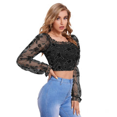 Mayawye Women's Polyester Solid Full Sleeves Square Collar Top (Black)