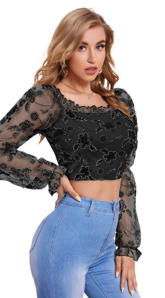 Mayawye Women's Polyester Solid Full Sleeves Square Collar Top (Black)