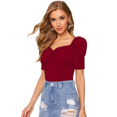 Mayawye Women's Polyester Solid Puff Short Sleeves Sweetheart Neck Top (Maroon)