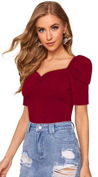 Mayawye Women's Polyester Solid Puff Short Sleeves Sweetheart Neck Top (Maroon)