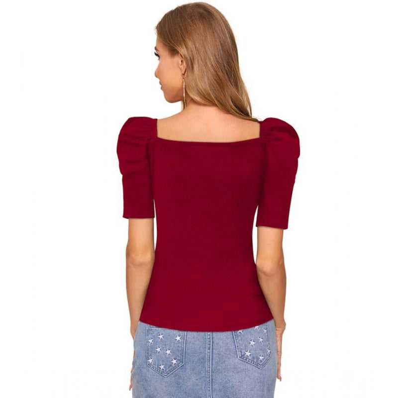 Mayawye Women's Polyester Solid Puff Short Sleeves Sweetheart Neck Top (Maroon)