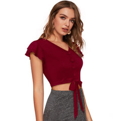 Mayawye Women's Polyester Solid Short Sleeves V Neck Top (Maroon)