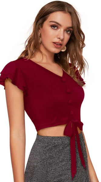 Mayawye Women's Polyester Solid Short Sleeves V Neck Top (Maroon)