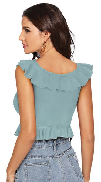 Mayawye Women's Polyester Solid Sleeveless Ruffle Neck Top (Pista)