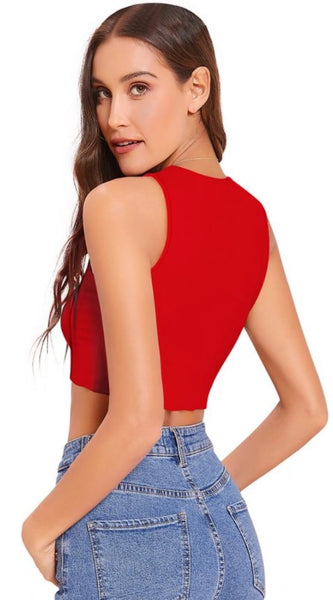 Mayawye Women's Polyester Solid Sleeveless Round Neck Top (Red)