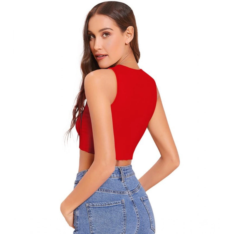 Mayawye Women's Polyester Solid Sleeveless Round Neck Top (Red)