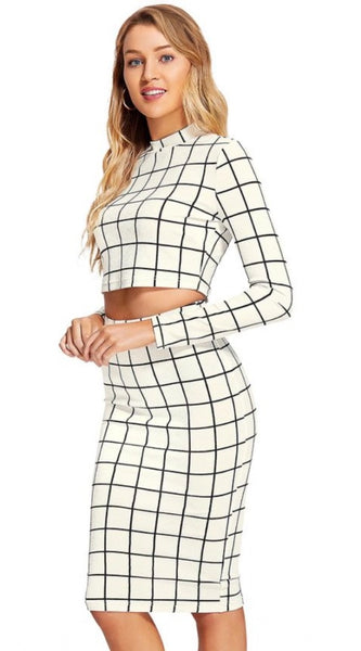 Mayawye Women's Polyester Checkered Full Sleeves Stand Collar Crop Top Skirt Set (White)