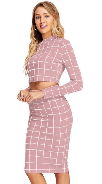 Mayawye Women's Polyester Checkered Full Sleeves Stand Collar Crop Top Skirt Set (Pink)