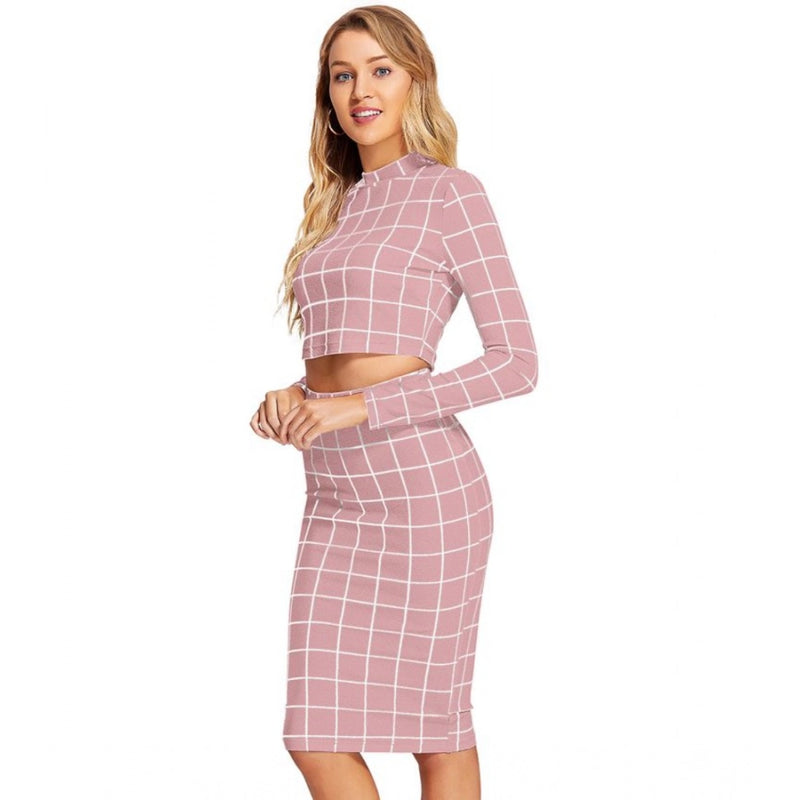 Mayawye Women's Polyester Checkered Full Sleeves Stand Collar Crop Top Skirt Set (Pink)
