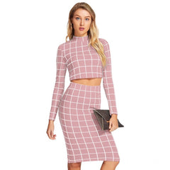 Mayawye Women's Polyester Checkered Full Sleeves Stand Collar Crop Top Skirt Set (Pink)