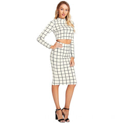 Mayawye Women's Polyester Checkered Full Sleeves Stand Collar Crop Top Skirt Set (White)