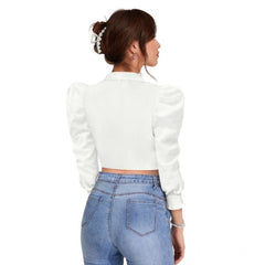 Mayawye Women's Polyester Solid Puff Sleeves Lapel Collar Top (White)