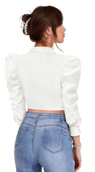 Mayawye Women's Polyester Solid Puff Sleeves Lapel Collar Top (White)