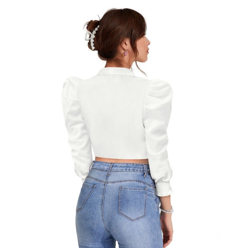 Mayawye Women's Polyester Solid Puff Sleeves Lapel Collar Top (White)