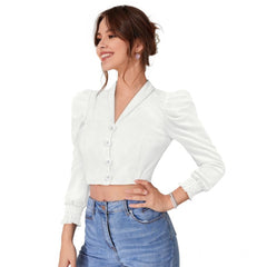 Mayawye Women's Polyester Solid Puff Sleeves Lapel Collar Top (White)
