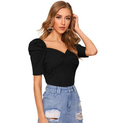 Mayawye Women's Polyester Solid Puff Short Sleeves Sweetheart Neck Top (Black)