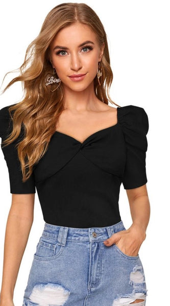 Mayawye Women's Polyester Solid Puff Short Sleeves Sweetheart Neck Top (Black)