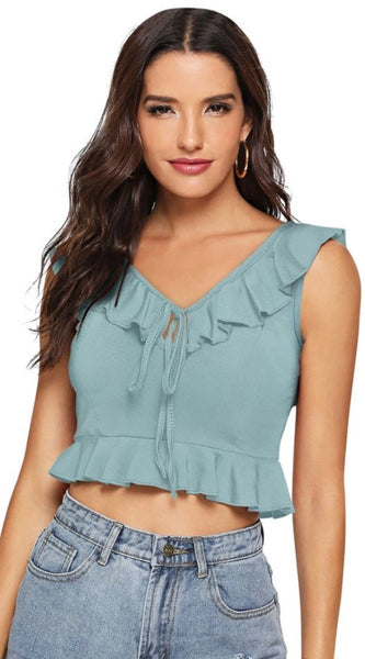 Mayawye Women's Polyester Solid Sleeveless Ruffle Neck Top (Pista)