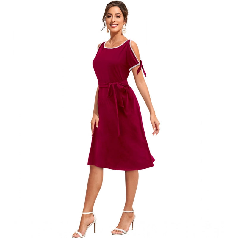 Mayawye Women's Knitting stretchable Solid Round Neck Sleeveless Dress (Maroon)