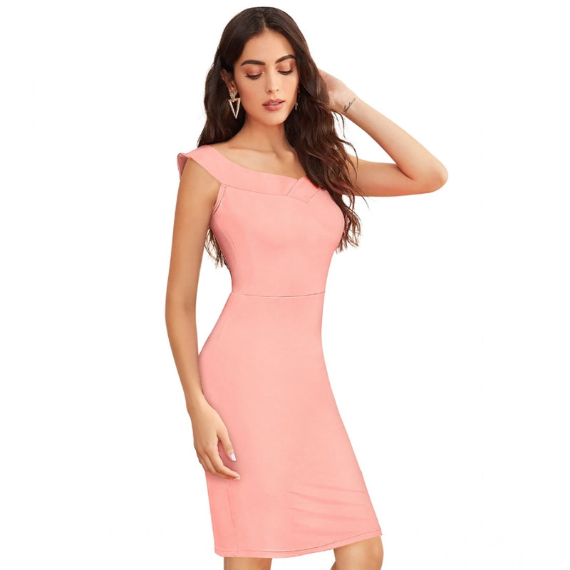 Mayawye Women's Knitting stretchable Solid Round Neck Sleeveless Dress (Peach)
