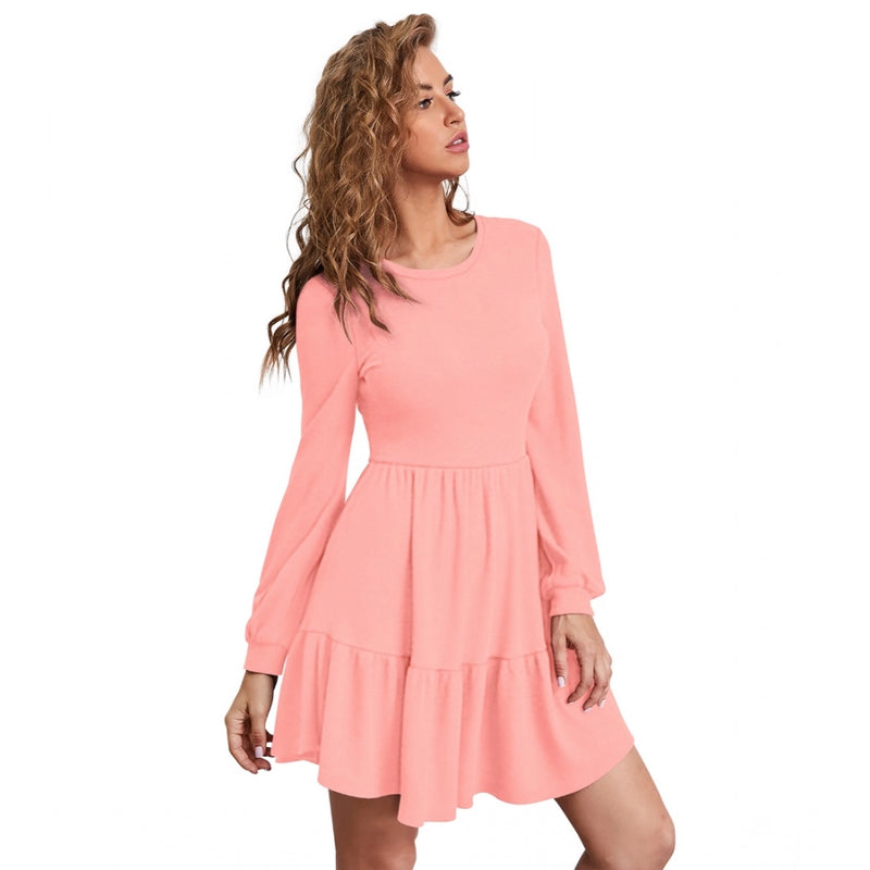 Mayawye Women's Knitting stretchable Solid Round Neck Full Sleeve Dress (Peach)
