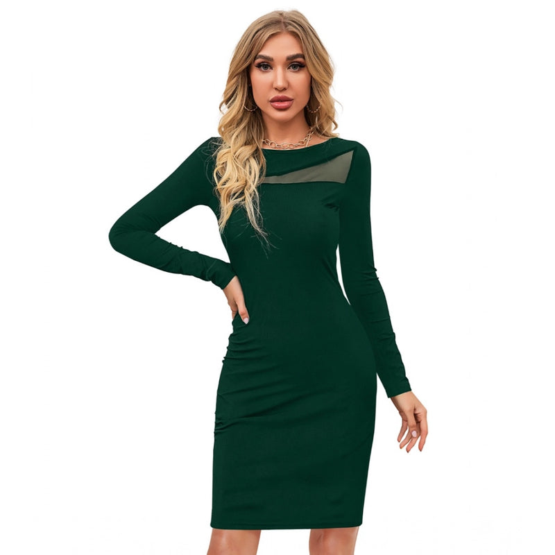 Mayawye Women's Knitting stretchable Solid Round Neck Full Sleeve Dress (Green )