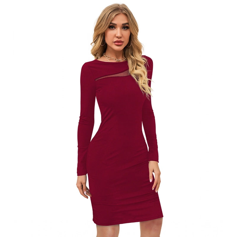 Mayawye Women's Knitting stretchable Solid Round Neck Full Sleeve Dress (Maroon)