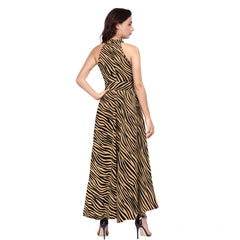 Mayawye Women's Polyester Zebra Pattern Halter Neck Sleeveless Dress (Yellow)