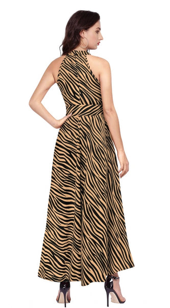 Mayawye Women's Polyester Zebra Pattern Halter Neck Sleeveless Dress (Yellow)