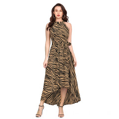 Mayawye Women's Polyester Zebra Pattern Halter Neck Sleeveless Dress (Yellow)