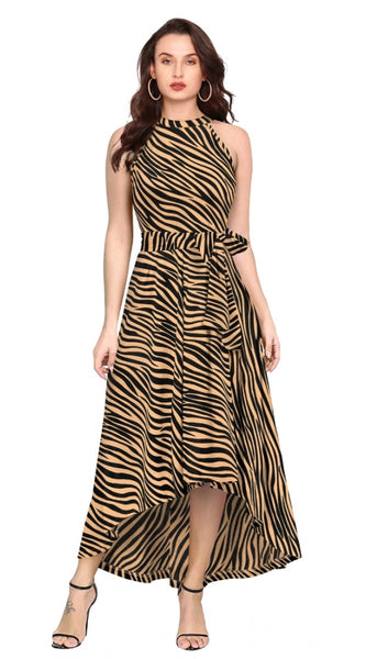 Mayawye Women's Polyester Zebra Pattern Halter Neck Sleeveless Dress (Yellow)