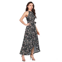 Mayawye Women's Polyester Printed Halter Neck Sleeveless Dress (Black)
