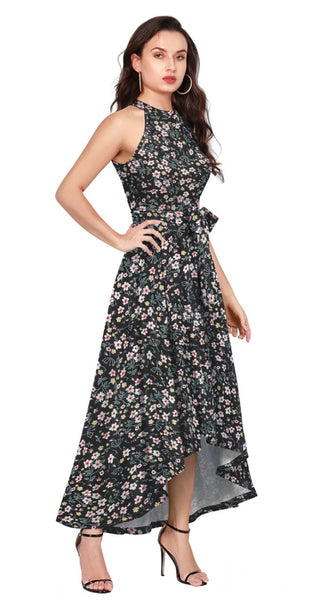 Mayawye Women's Polyester Printed Halter Neck Sleeveless Dress (Black)