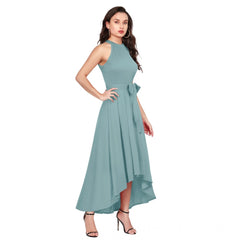 Mayawye Women's Polyester Solid Halter Neck Sleeveless Dress (Pista)