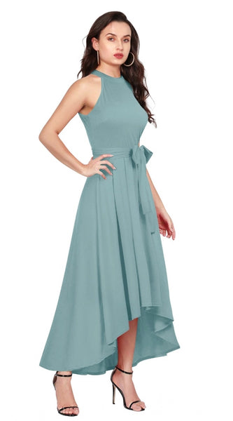Mayawye Women's Polyester Solid Halter Neck Sleeveless Dress (Pista)