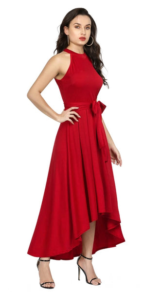 Mayawye Women's Polyster Solid Halter Neck Sleeveless Dress (Red)