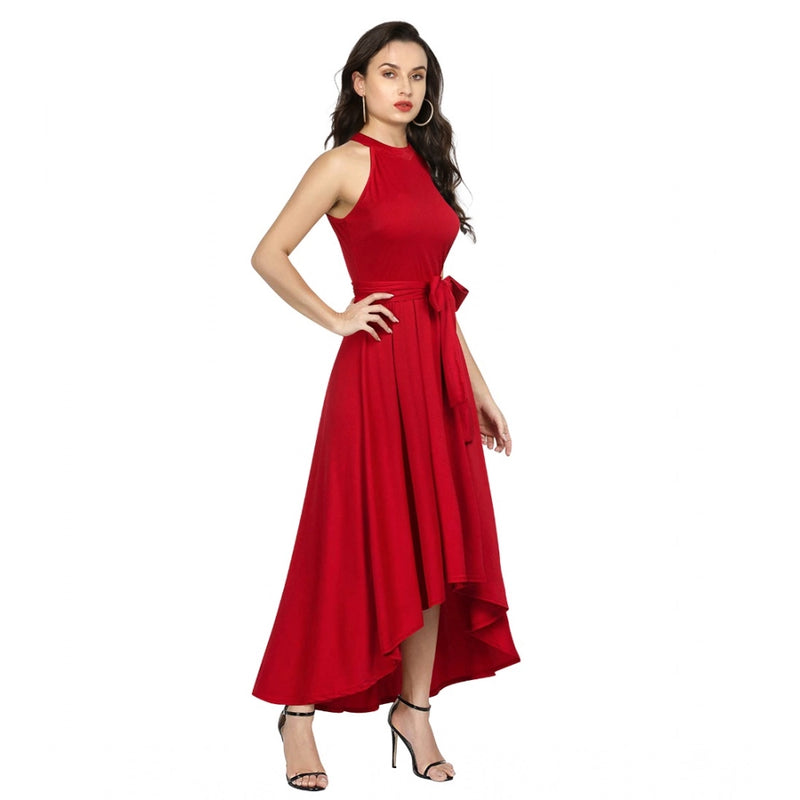 Mayawye Women's Polyster Solid Halter Neck Sleeveless Dress (Red)
