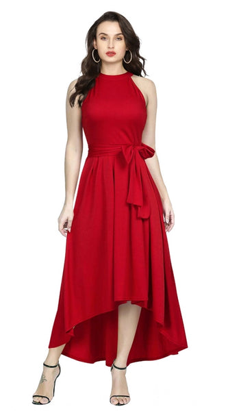 Mayawye Women's Polyster Solid Halter Neck Sleeveless Dress (Red)