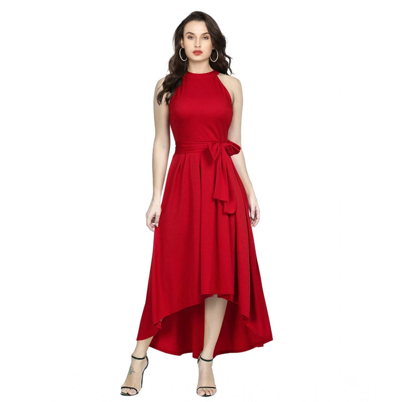 Mayawye Women's Polyster Solid Halter Neck Sleeveless Dress (Red)